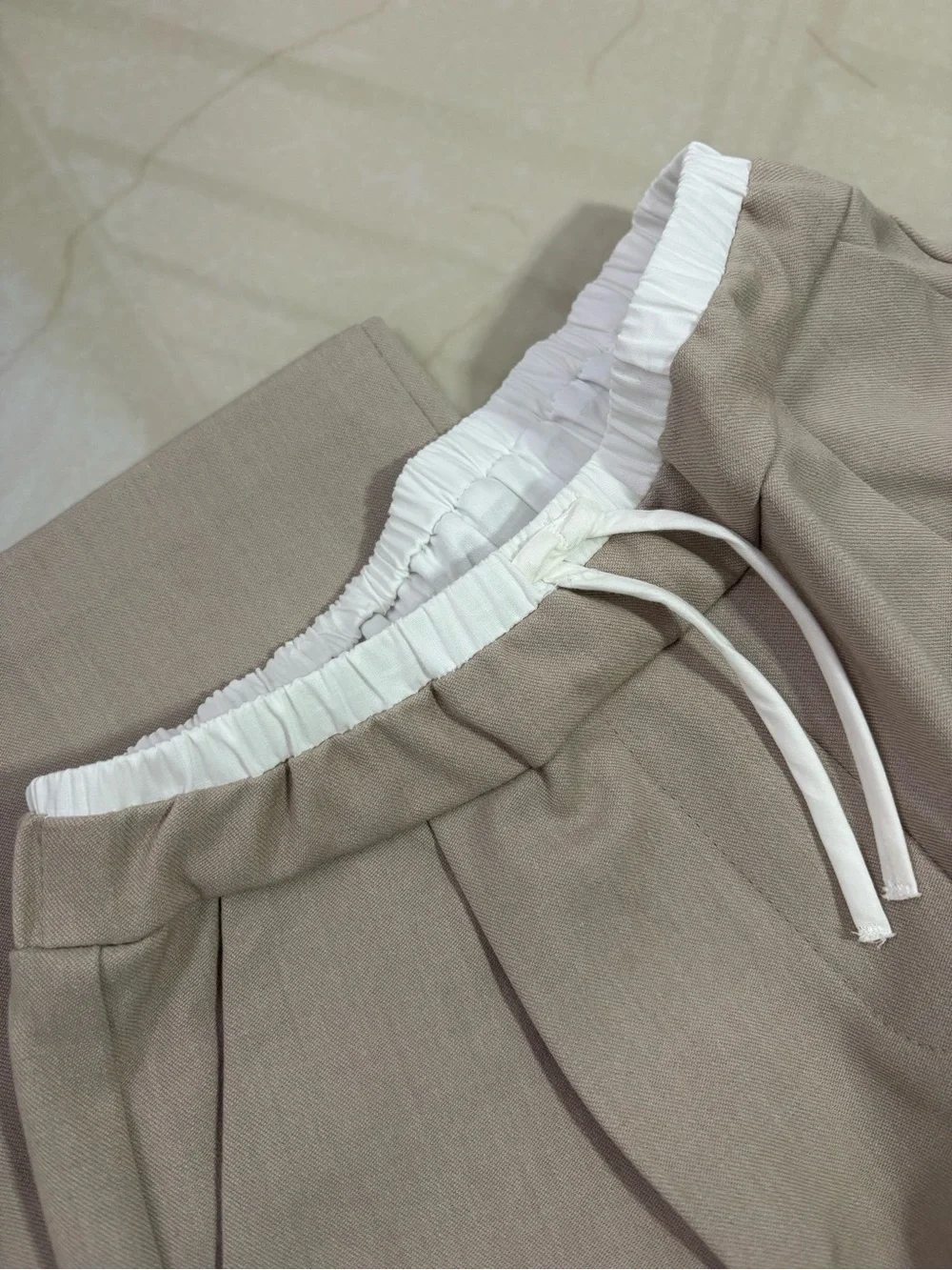 Zara girls Drawstring Pleated Pants- Light Beige with White Waistband